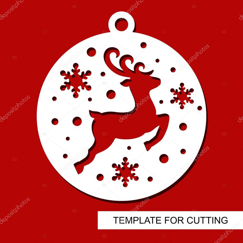 Christmas decoration - deer silhouette in a ball with snowflakes. Template for laser cutting, wood carving, paper cut and printing. New Year theme. Vector illustration.