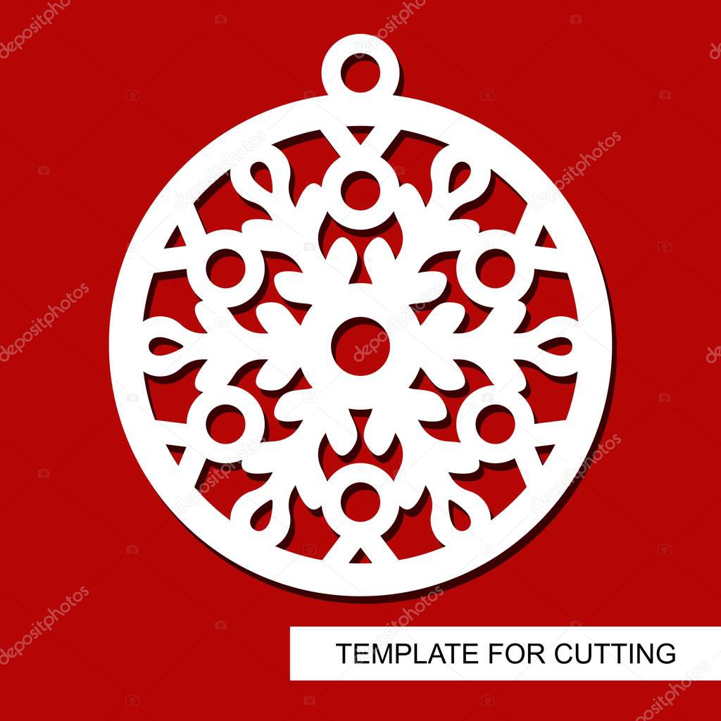 Christmas decoration - lace ball with snowflake. Template for laser cutting, wood carving, paper cut and printing. Silhouette of a round toy. New Year theme. Vector illustration.