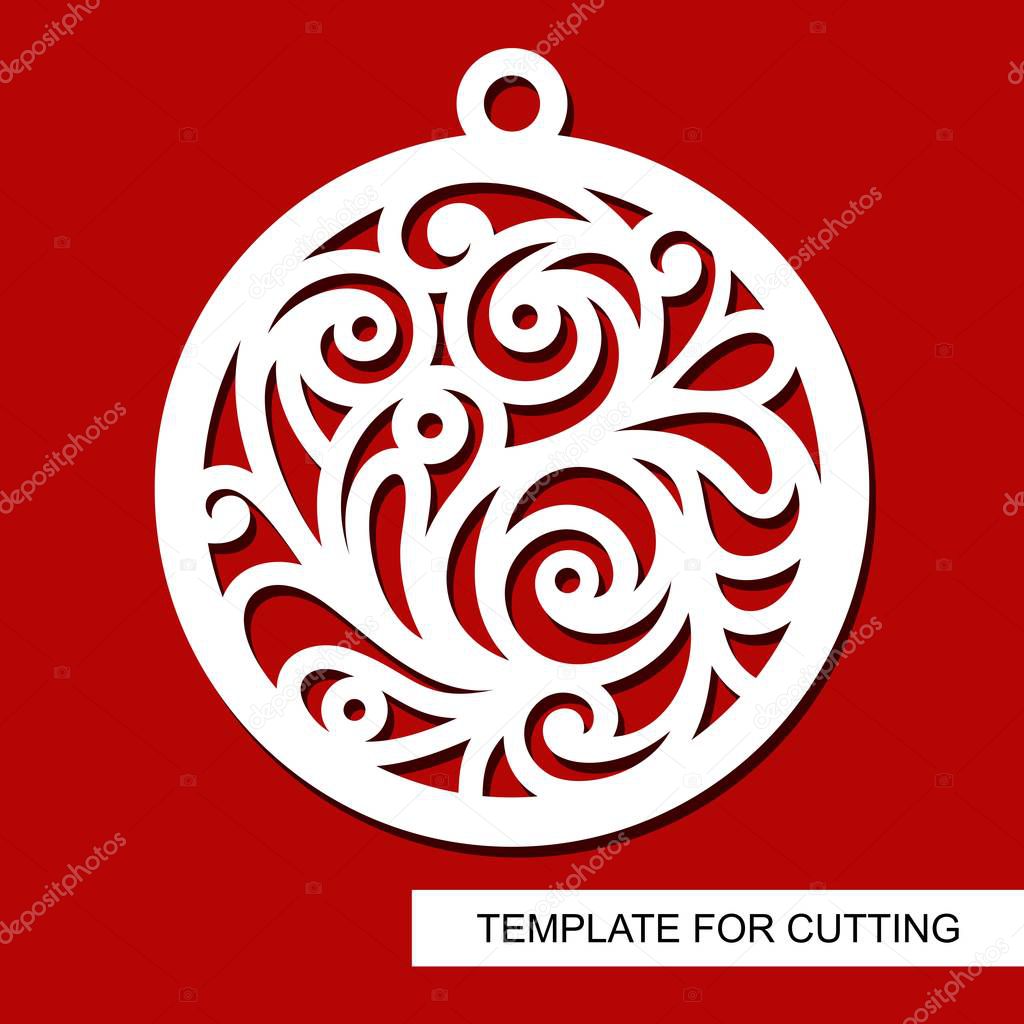 Christmas decoration - lace ball. Template for laser cutting, wood carving, paper cut and printing. Silhouette of a round toy. New Year theme. Vector illustration.