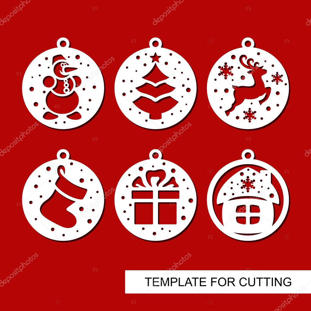 Set of Christmas decorations - balls with a christmas tree, snowman, deer, gift, sock and house.Template for laser cutting, wood carving, paper cut and printing. New Year theme. Vector illustration.