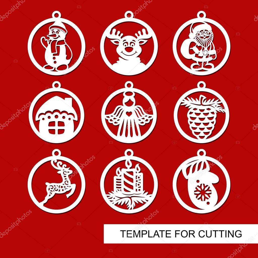 Set of Christmas decorations - balls with Santa Claus, reindeer, candle, angel, snowman, mitten, fir cone, Christmas tree, house. Template for laser cutting. New Year theme. Vector illustration.