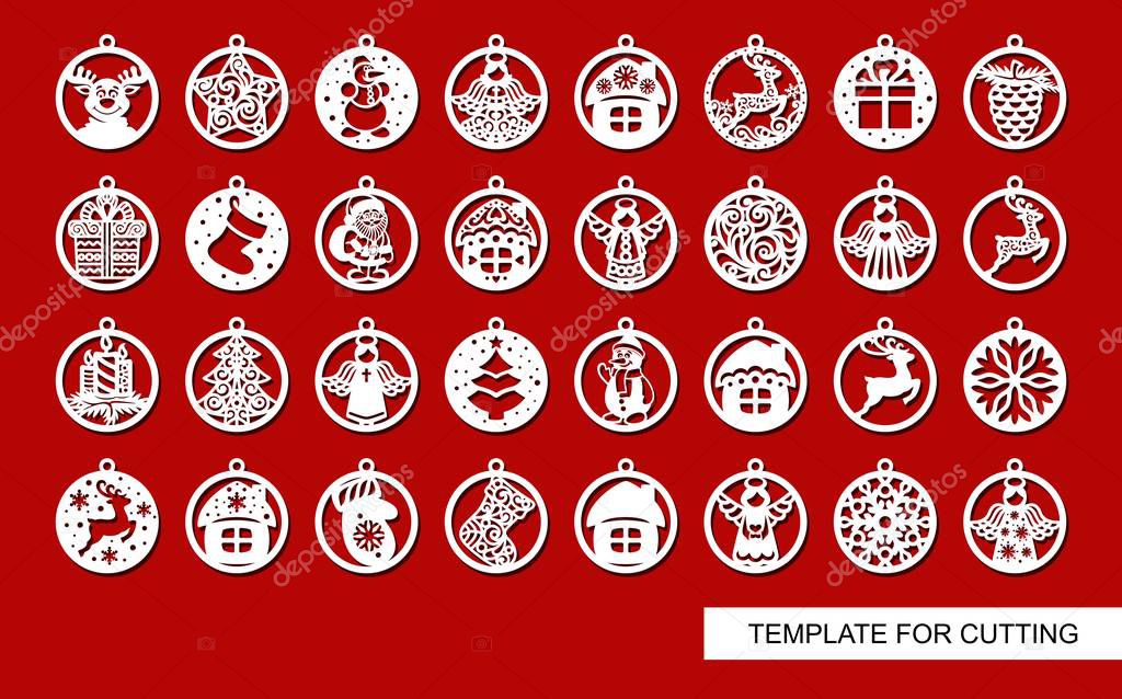 Big set of Christmas decorations - balls with a Santa Claus, deer, snowflake, candle, angel, snowman, gift, sock, Christmas tree, house. Template for laser cut. New Year theme. Vector illustration.