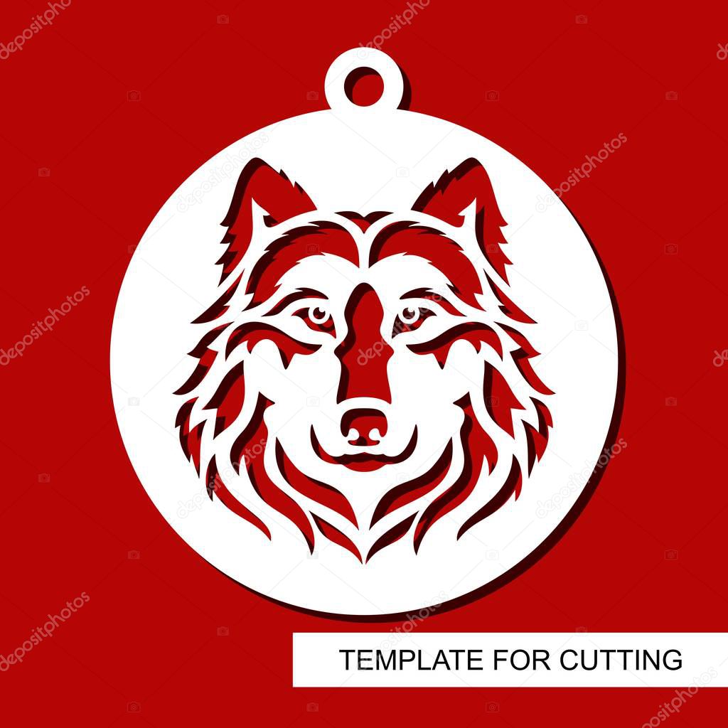 Silhouette of a dog in a ball. Template for laser cutting, wood carving, paper cut and printing. Vector illustration.