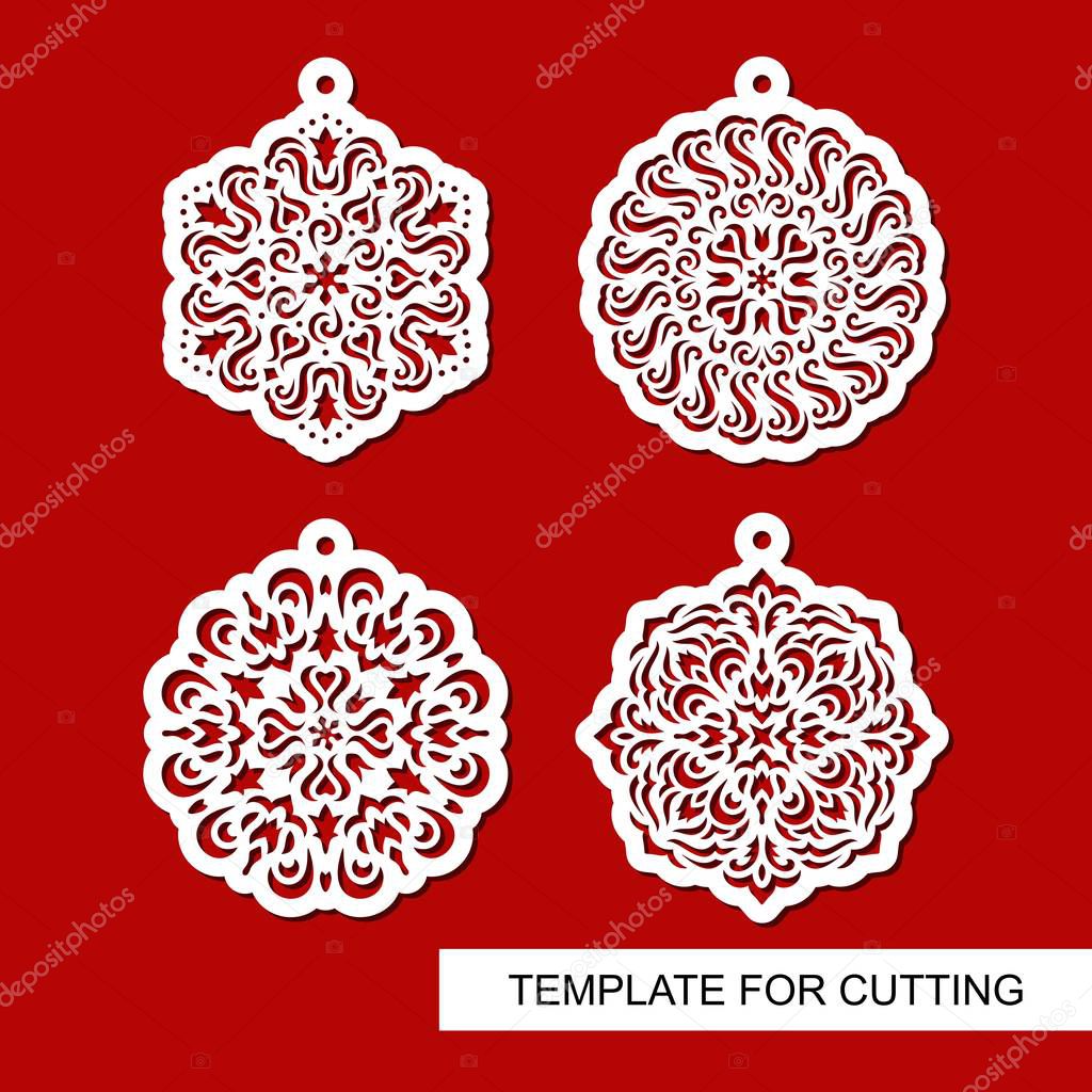 Set of hanging Christmas decorations. Round carved patterns. Lace stencils. Template for laser cutting, paper cut and printing. Vector illustration.