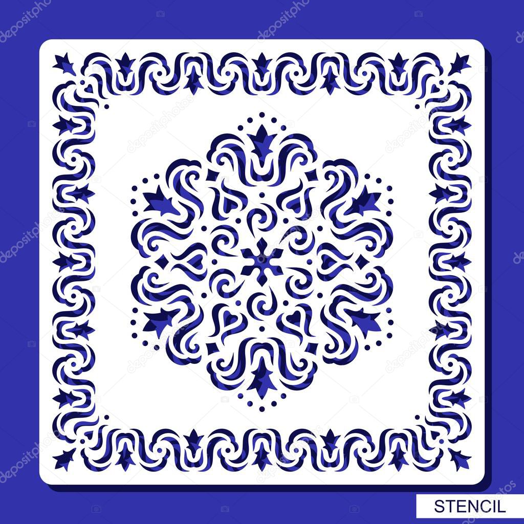 Stencil round ornament and square border. Carved mandala contour in arabesque style. Circular pattern and frame silhouette. Template for laser cutting, paper cut and printing. Vector illustration.