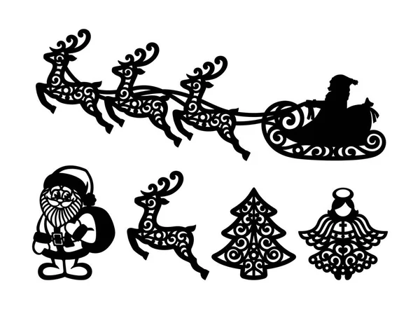 サンタ クロースのトナカイ 天使とツリーとそりの飛行のシルエット 白い背景の上のクリスマスの装飾のセットです 新年の冬の装飾 ベクトル画像 — ストックベクタ