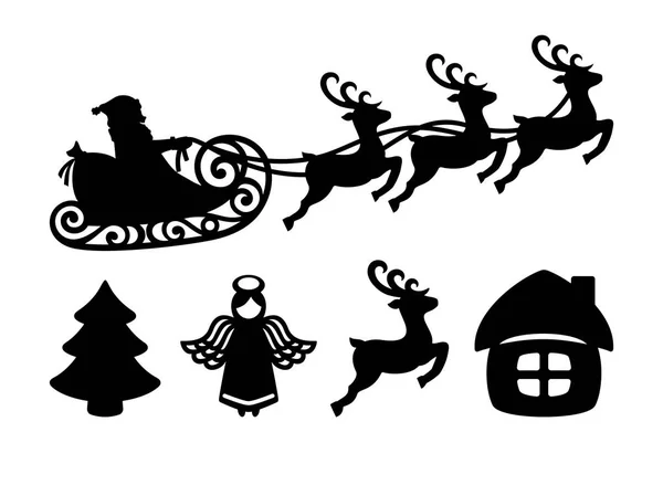 サンタ クロースがトナカイ 木のそりの飛行のシルエット 白い背景の上のクリスマスの装飾のセットです 新年の冬の装飾 ベクトル画像 — ストックベクタ