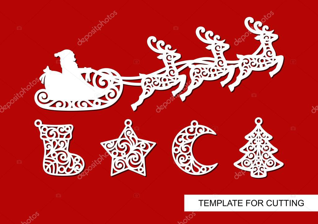 Set of Christmas decoration. Silhouettes of Santa Claus flying in a sleigh with reindeers, sock, star, crescent and tree. Winter template for laser cutting, wood carving, paper cut or printing. Vector