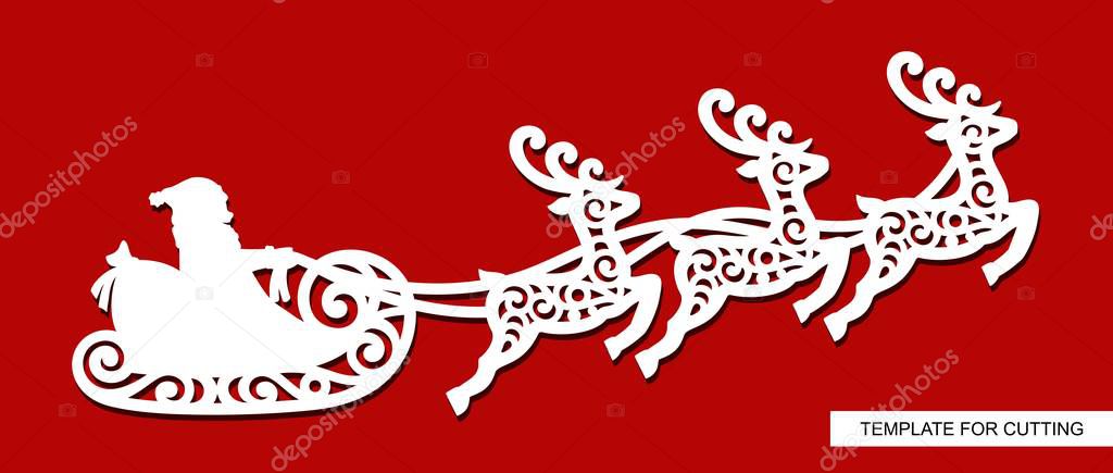 Silhouette of Santa Claus flying in a sleigh with reindeers. Festive decoration  toy for Christmas or New Year. Winter template for laser cutting, wood carving, paper cut and printing. Vector image.