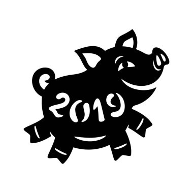 Sevimli gülümseyen karikatür domuzla metin 2019. Yeni yıl Çince sembolü. Beyaz bir arka plan üzerinde vektör çizim. Komik hayvan karakter. Şablon için lazer kesim, ahşap oyma, kağıt kesme.