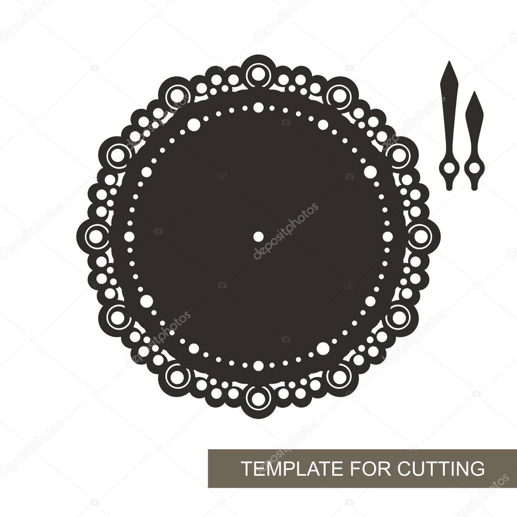Openwork dial with arrows on white background. Template for laser cutting, wood carving, paper cut and printing. Vector illustration.