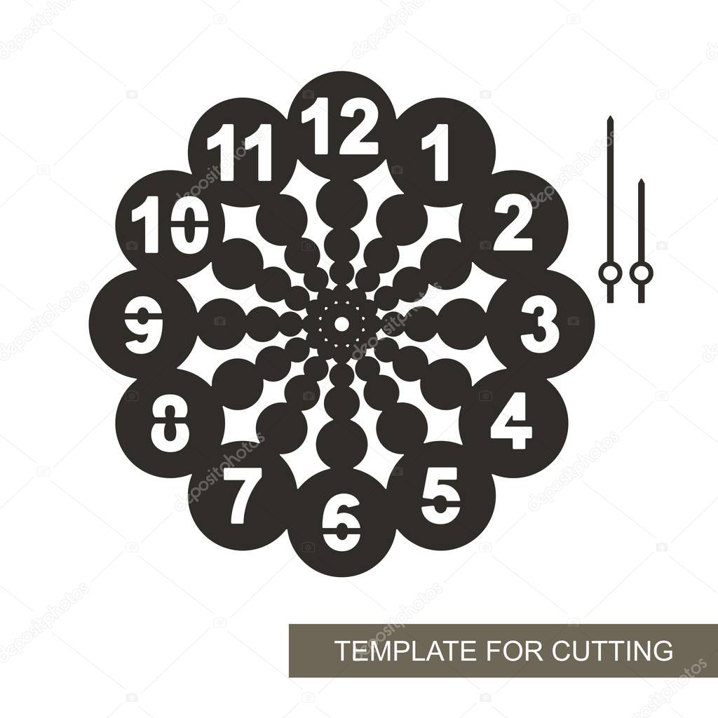 Dial with arrows and arabic numerals. Silhouette of clock on white background. Decor for home. Template for laser cutting, wood carving, paper cut and printing. Vector illustration.