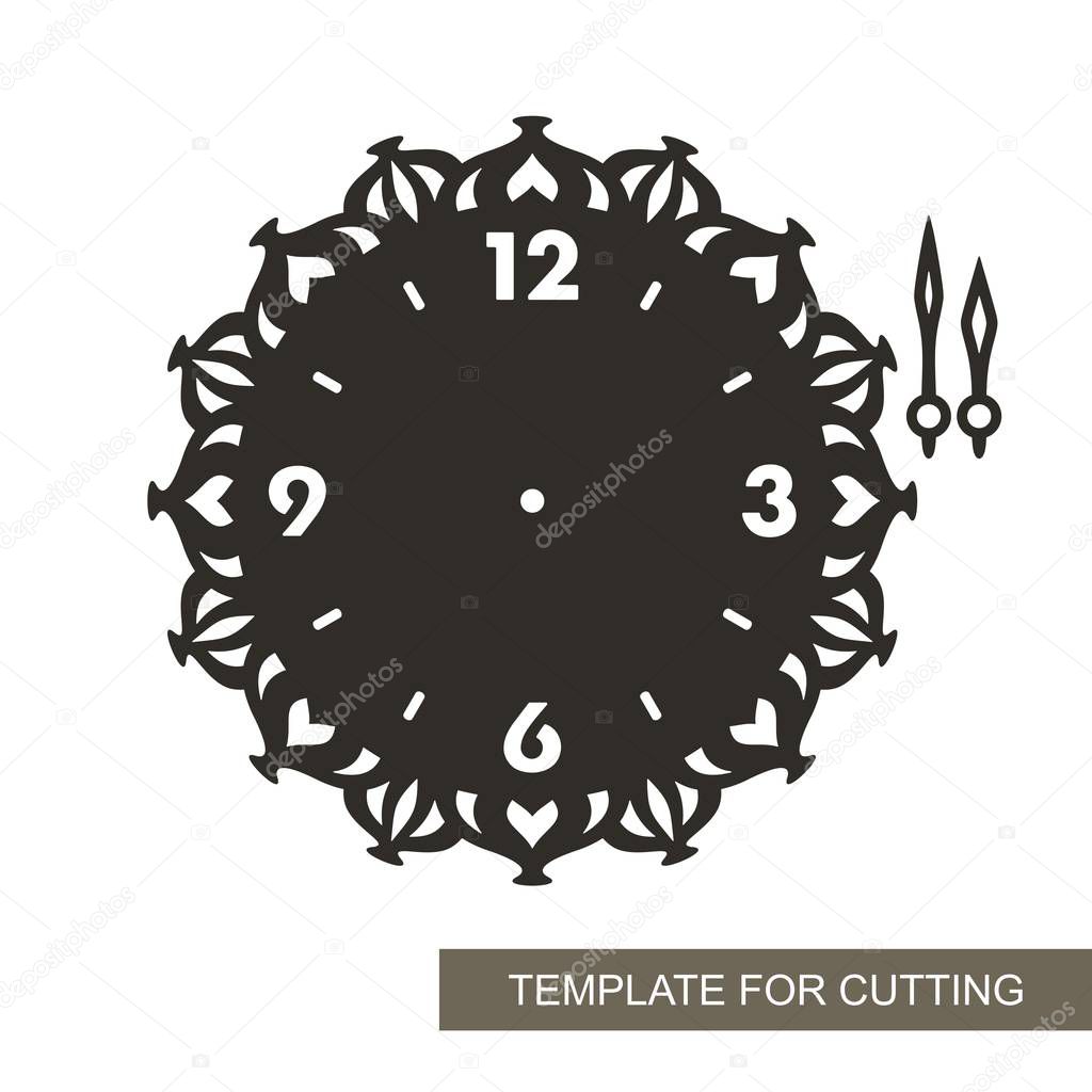Openwork dial with arrows and arabic numerals. Silhouette of clock on white background. Decor for home. Template for laser cutting, wood carving, paper cut and printing. Vector illustration.