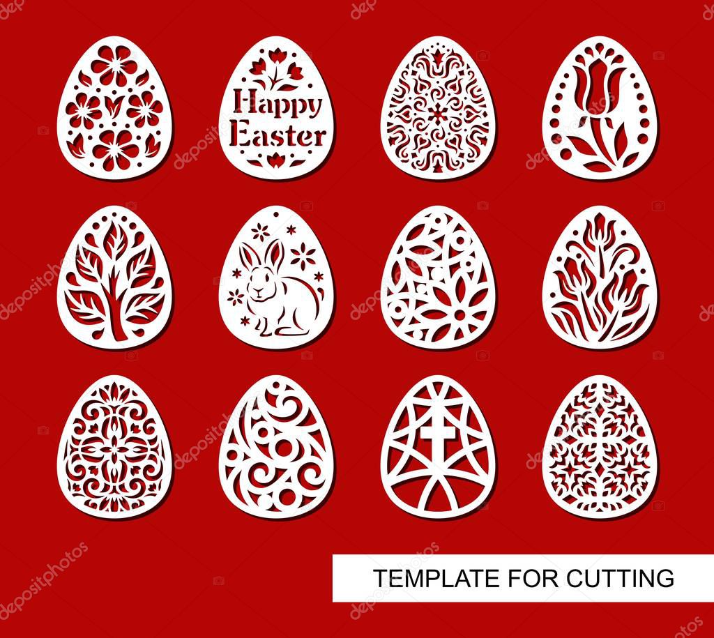 Set of decorative elements - Easter Eggs with flowers and patterns. Template for laser cutting, wood carving, paper cut and printing. Vector illustration.