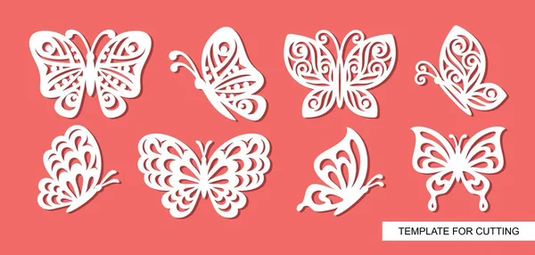 Set Openwork Butterflies Template Laser Cut Wood Carving Paper Cutting — Stock Vector