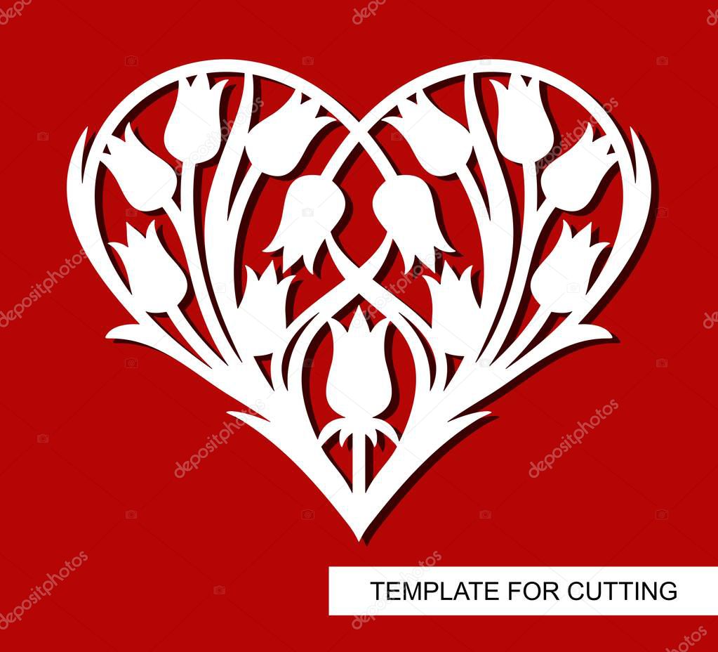 Bouquet of tulips in the shape of a heart. Decoration or gift for Valentine's Day. Floral pattern. Template for laser cut, wood carving, paper cutting and printing. Vector illustration.