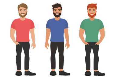 Bir Grup Genç sakallı renkli tişörtler ve karanlık kot pantolon. Düz stil. Çizgi film karakteri. Vektör çizim.