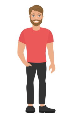 Pembe t-shirt ve karanlık jeans yakışıklı sakallı adam. Sarışın ve mavi gözlü. Düz stil. Çizgi film karakteri. Vektör çizim.