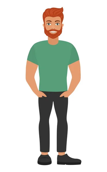 グリーンの シャツと黒いジーンズでハンサムなひげを生やした男 赤い髪と緑の目 漫画のキャラクター ベクトル図 — ストックベクタ