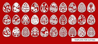 Big set of decorative elements - Easter Eggs with floral ornament. White objects on red background. Template for laser cutting, wood carving, paper cut and printing. Vector illustration. clipart