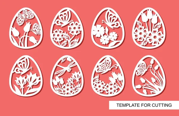 一套装饰元素 复活节彩蛋与花卉装饰和蝴蝶 粉红色背景上的白色对象 用于激光切割 剪纸和印刷的模板 向量例证 — 图库矢量图片
