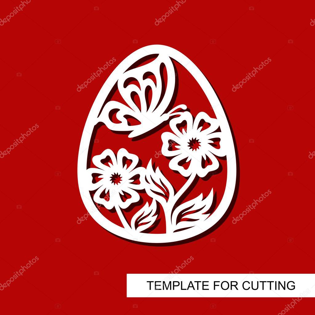 Decorative element - Easter Egg with floral ornament and butterfly. White object on red background. Template for laser cutting, wood carving, paper cut and printing. Vector illustration.