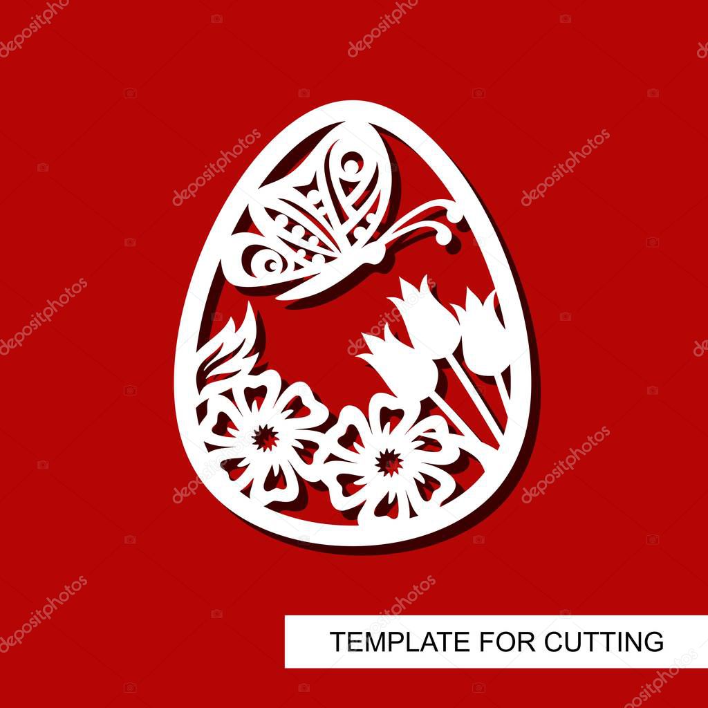 Decorative element - Easter Egg with floral ornament and butterfly. White object on red background. Template for laser cutting, wood carving, paper cut and printing. Vector illustration.