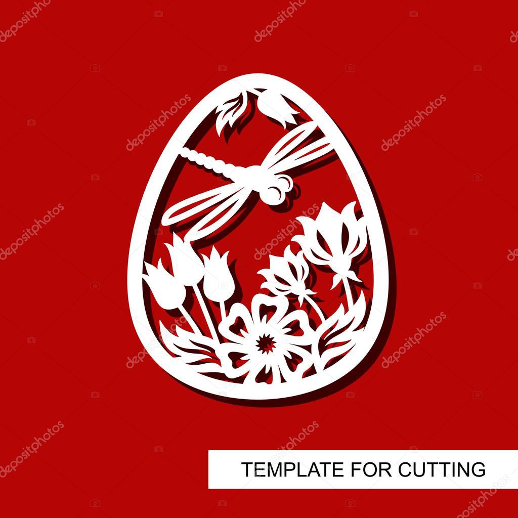 Decorative element - Easter Egg with floral ornament and dragonfly. White object on red background. Template for laser cutting, wood carving, paper cut and printing. Vector illustration.