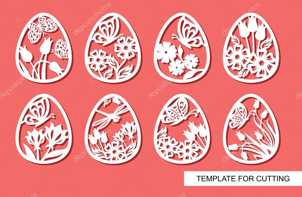Set of decorative elements - Easter Eggs with floral ornament and butterflies. White objects on pink background. Template for laser cutting, wood carving, paper cut and printing. Vector illustration.