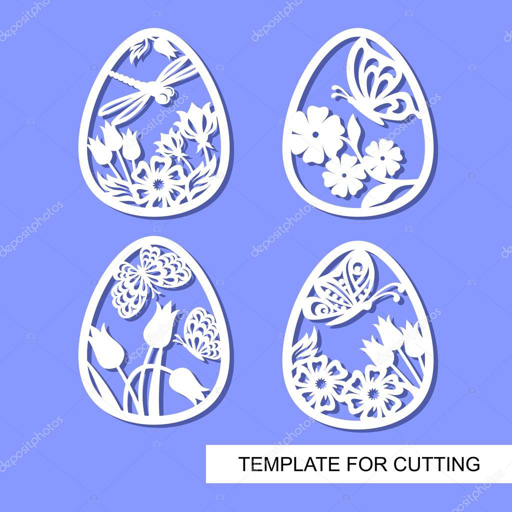 Set of decorative elements - Easter Eggs with floral ornament. White objects on blue background. Template for laser cutting, wood carving, paper cut and printing. Vector illustration.