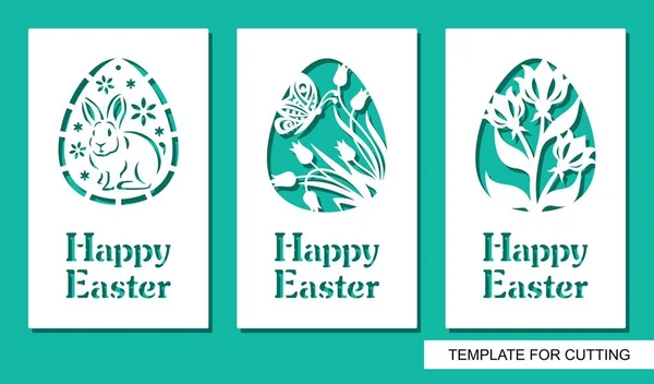 Набор Поздравительных Открыток Яйцами Текстом Счастливой Пасхи Цветочный Узор Бабочка — стоковый вектор