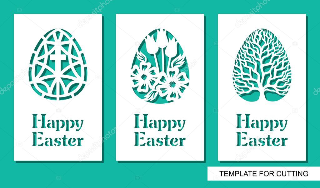 Set of greeting card with eggs and text Happy Easter. Floral pattern and plant theme. White object on a green background. Template for laser cutting, wood carving, paper cut or printing.