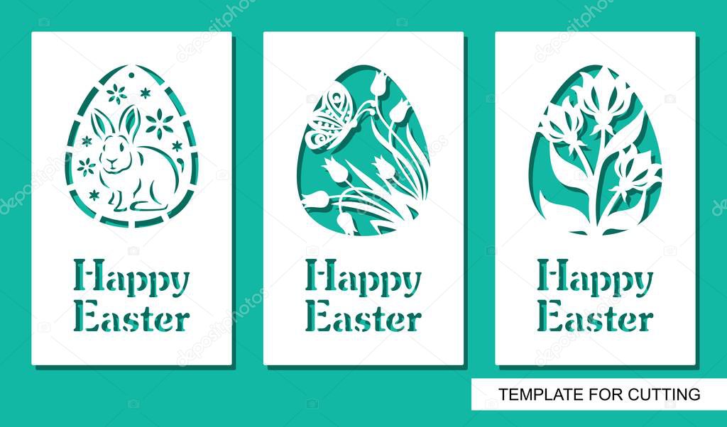 Set of greeting card with eggs and text Happy Easter. Floral pattern, butterfly, tulips and rabbit. White object on a green background. Template for laser cutting, wood carving, paper cut or printing.