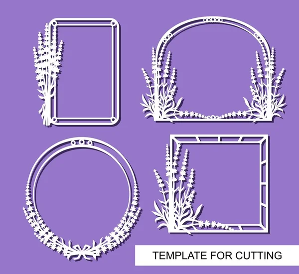 一套美丽的相框与薰衣草花饰品 紫色背景上的白色对象 用于激光切割 剪纸或印刷的模板 植物主题 向量例证 — 图库矢量图片