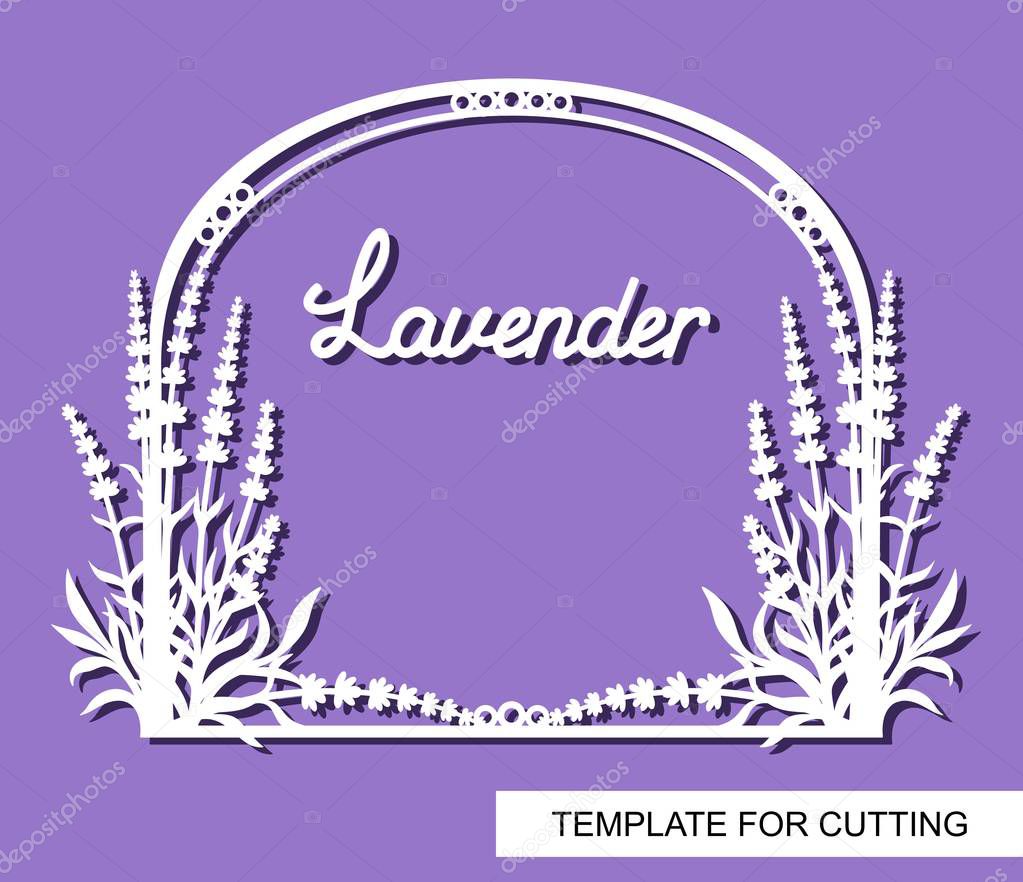 Decorative frame with lavender flowers. White objects on a purple background. Template for laser cutting, wood carving, paper cut or printing. Plant theme. Vector illustration.