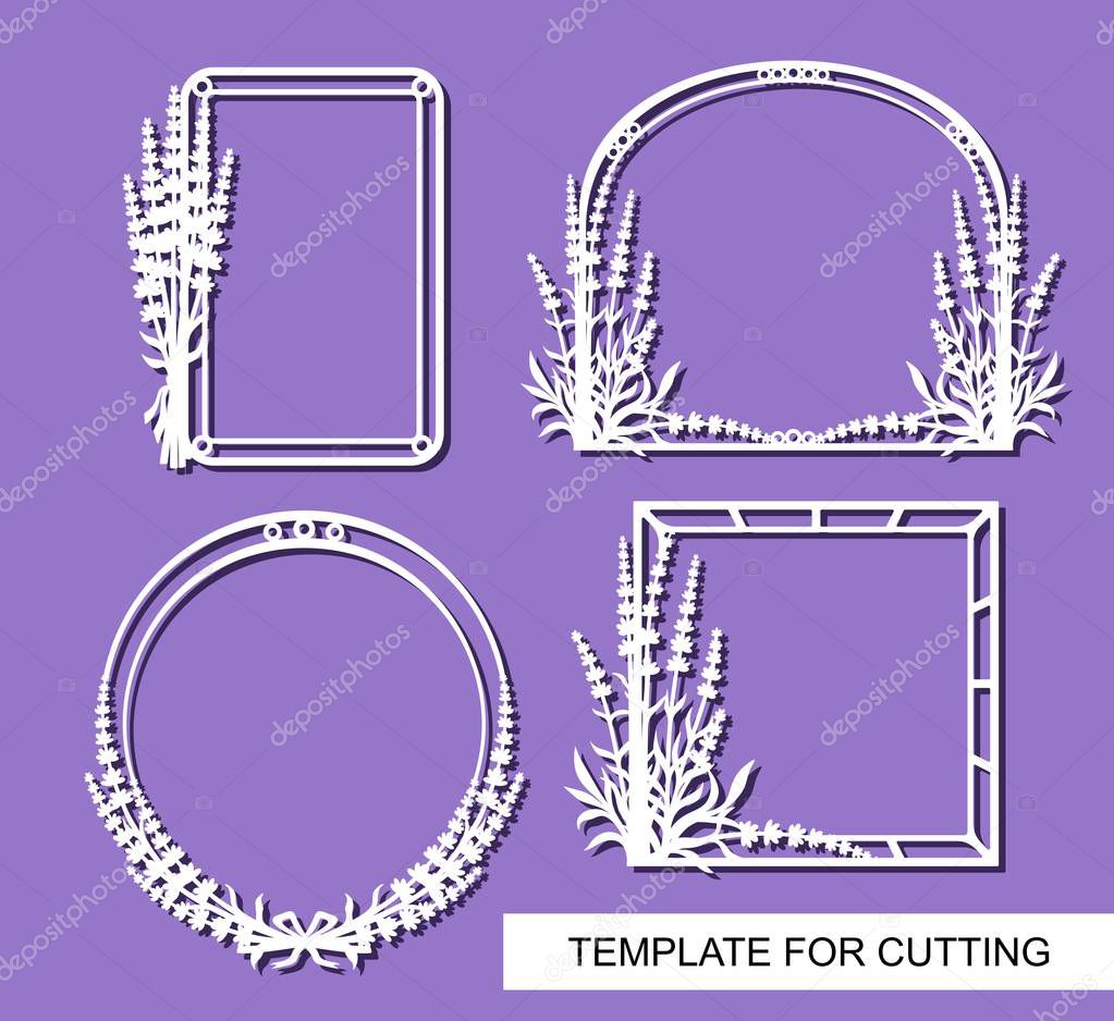 Set of beautiful photo frames with lavender flower ornaments. White objects on a purple background. Template for laser cutting, wood carving, paper cut or printing. Plant theme. Vector illustration.