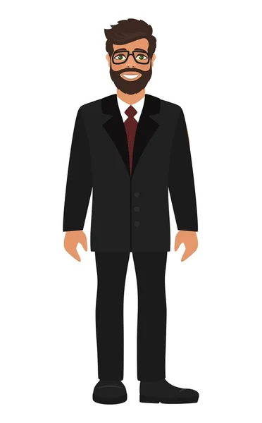 Homem Negócios Elegante Terno Preto Camisa Branca Gravata Vermelha Personagem — Vetor de Stock
