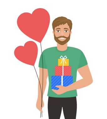 Kalp şeklinde balonlar ve hediye kutuları olan genç adam. Sevgililer günü, doğum günü, anneler günü ya da düğün için tebrik kartı. Aşık olmak. Romantik kavramı. Beyaz arka plan üzerinde izole vektör. 
