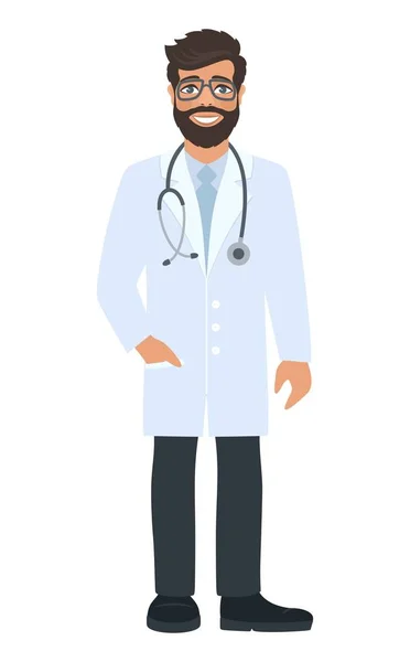 愉快的男医生与眼镜和听诊器 微笑的字符在医疗外套在白色背景 在一个平的样式的向量例证 — 图库矢量图片