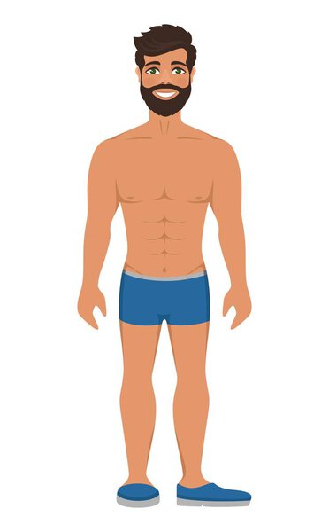 Handsome smiling man in underwear or blue swimming trunks. Dark brown hair and green eyes. Isolated vector illustration. Cartoon character on a white background. Flat style.