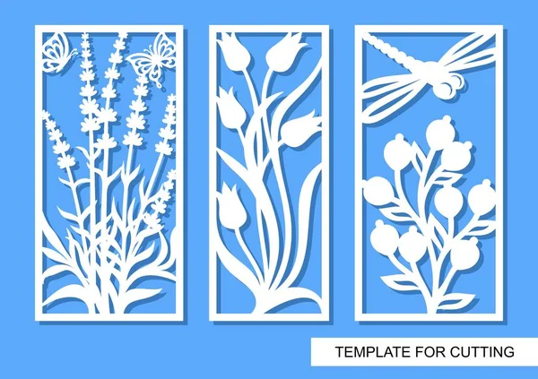 Set Decorative Panels Flowers Lavender Tulips Berries Butterflies Dragonfly White — Stock Vector