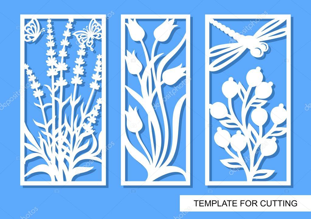 Set of decorative panels with flowers, lavender, tulips, berries, butterflies and dragonfly. White objects on a blue background. Template for laser cutting, wood carving, paper cut or printing. 