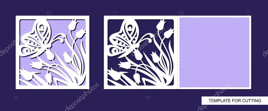 Silhouette of greeting card with flowers and butterfly. Template for laser cutting, die or paper cut. For wedding invitation, birthday, valentines day, Easter or Womens day. Floral ornament. Vector.