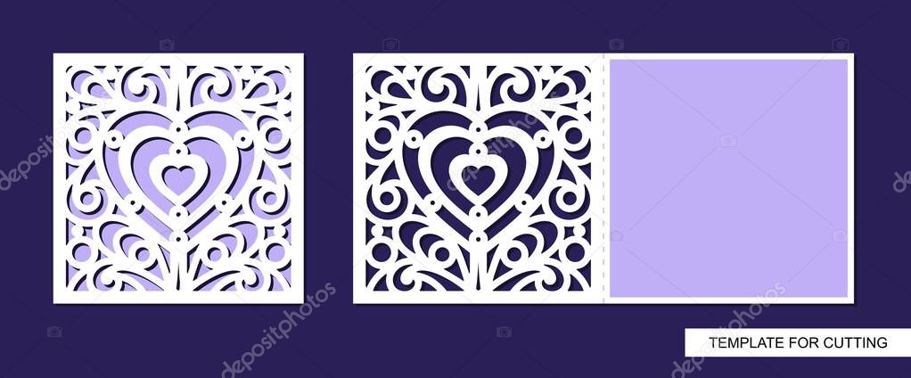 Silhouette of greeting card with heart. Template for laser cutting, die or paper cut. Can used for wedding invitation, valentines day or birthday. Save the date holder. Lace ornament. Vector.