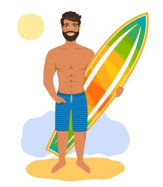 Yakışıklı adam Surfboard ile ayakta. Kaslı sörfçü kumlu bir plaj üzerinde. Beyaz arka plan üzerinde izole çizgi film karakteri. Vektör çizim. Düz stil.