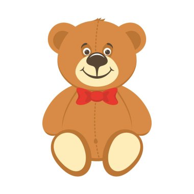 Bir kırmızı yay ile sevimli boz ayı. Beyaz arka plan üzerinde izole çizgi film karakteri. Vektör çizim. Düz stil