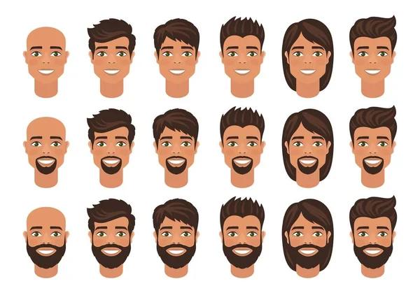 Set Mens Avatars Various Hairstyle Long Short Hair Bald Beard — Stock Vector