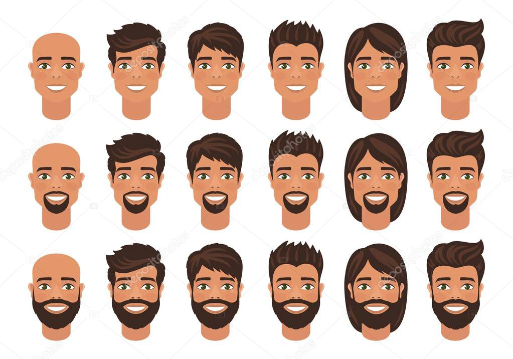 Set of mens avatars with various hairstyle: long or short hair, bald, with beard or without.  Cartoon portraits isolated on white background. Flat style. Vector illustration. 