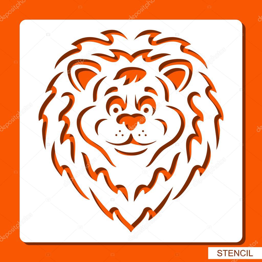 Lion head silhouette. Stencil for children. White object on orange background. artoon zoo character. Template for laser cutting, wood carving, paper cut and printing. Vector illustration.