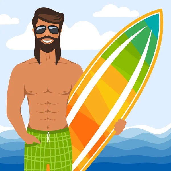 Hombre Sonriente Con Gafas Pie Con Tabla Surf Musculoso Surfista — Vector de stock